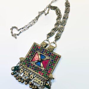 Afghan Necklace, Medallion, Glass Jewels, Belly Dance, Massive, Kuchi, Vintage